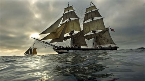 Ships Boats Ocean Sea Sailing Galleon Schooner Sky Clouds Wallpaper