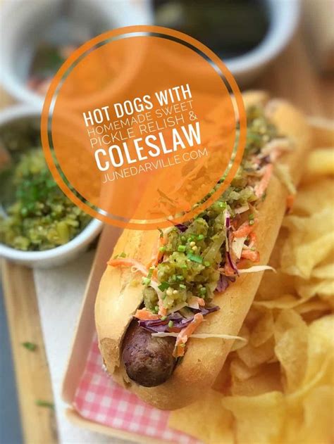 Hot Dog With Pickle Relish And Coleslaw Next To Chips