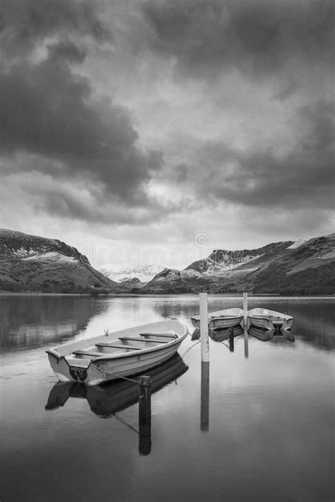 Black And White Image Of Tranquil Winter Lake Stock Image