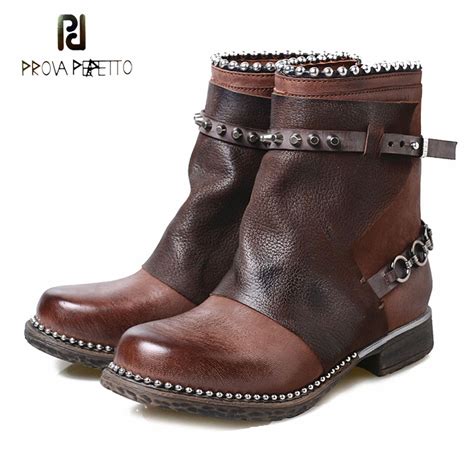 Prova Perfetto Retro Style Genuine Leather Ankle Boots Women Rivet Bead