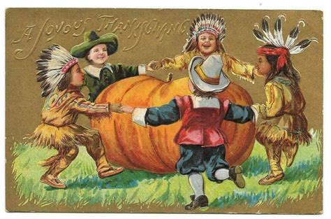 Thanksgiving~children Dressed As Pilgrims~dancing Around ~pumpkin