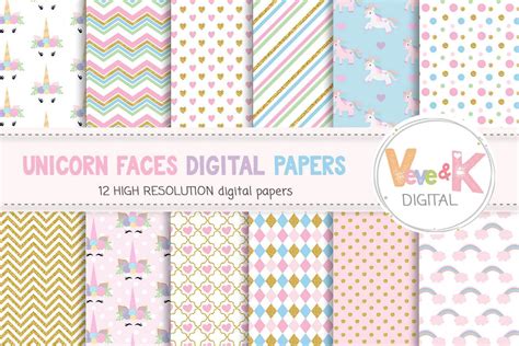 Unicorn Digital Papers Rainbow Digital Papers Gold Glitter Unicorn