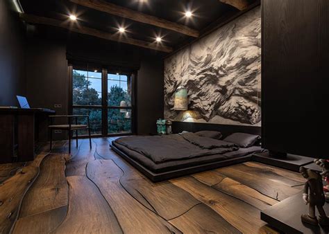 This Masculine Bedroom Has A Dramatic Wall Mural And Unique Wood Floors