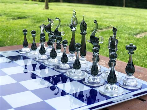 Luxury Unique Chess Set Handmade Blue Murano Glass Chess Board And