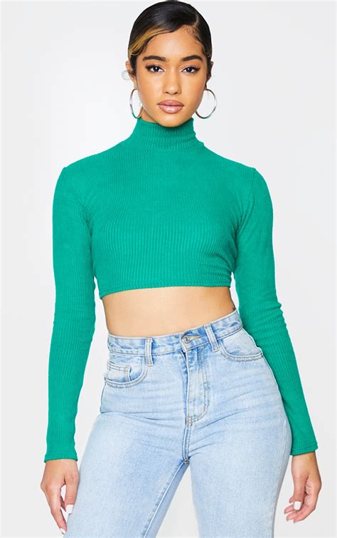 Emerald Brushed Rib High Neck Backless Tie Crop Top Prettylittlething Usa