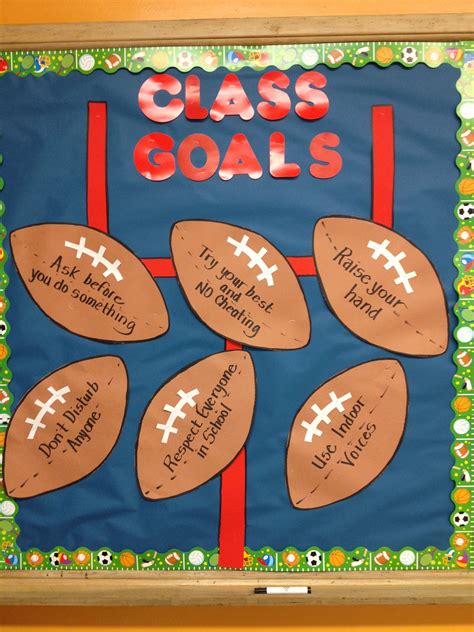 A Bulletin Board With Footballs On It And The Words Class Goals Written