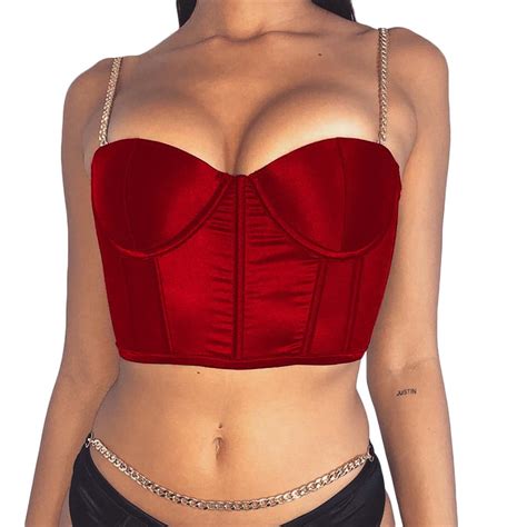 Prolriy Prolriy Summer Crop Top Sexy Women Satin Bustier Top Chain Strap Casual Padded