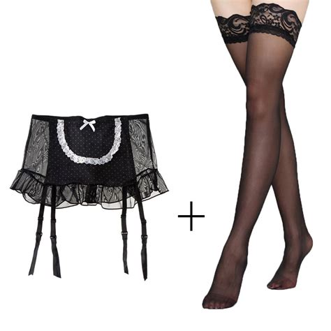 Sexy Garters Lace Gauze Bow Servant Metal Buckles Sexy Garter Belts With Black Stocking Set For