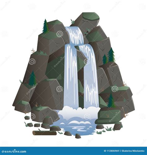 Waterfall Cartoon Landscapes With Mountains And Fir Trees