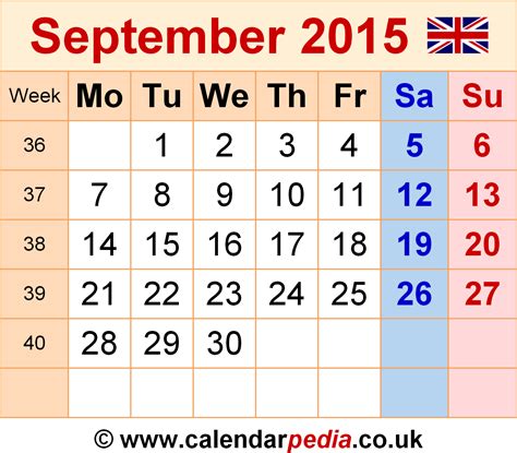 Calendar September 2015 Uk With Excel Word And Pdf Templates