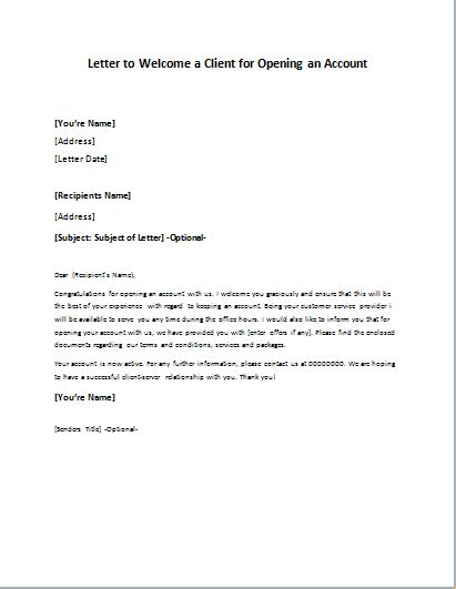 Request for opening a bank account for company employees. Client New Account Opening Welcome Letter | writeletter2.com
