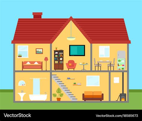 Furniture On House In Cut With Furnishing Rooms Vector Image