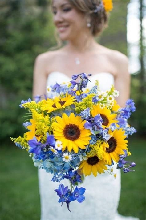 Sunflower And Blue Flowers Wedding Bouquet Colors For Wedding