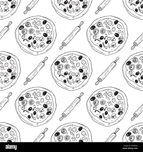 Pizza Seamless Pattern Hand Drawn Sketch Pizza Doodles And Rolling Pin