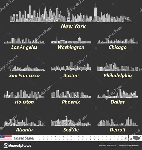 Vector Illustration Of Largest United States City Skylines In Black And