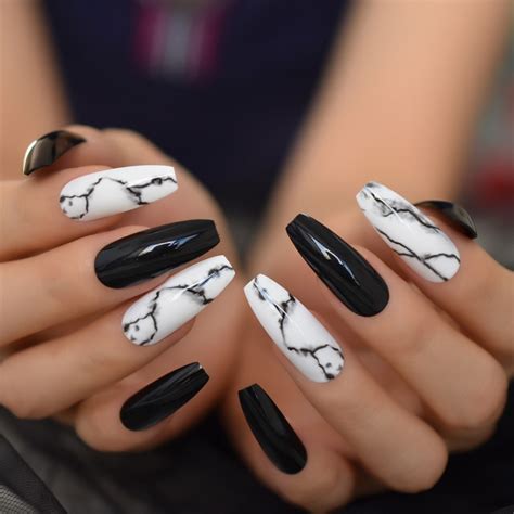 Black Marble Faux Ongles Extra Long White Mix Coffin Nails High Light