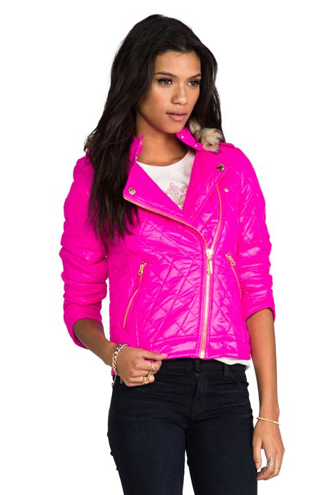 Supreme diamond faux fur jacket red (fw18). Juicy Couture Diamond Quilt Moto Puffer Jacket W Faux Fur ...