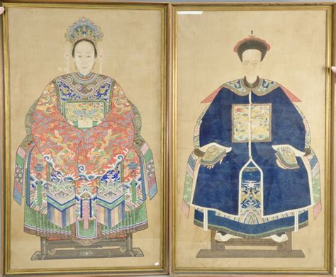Qing Dynasty 19th Century Pair Of Large Framed Ancestor Portraits