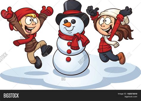 Cartoon Kids Building Snowman Vector And Photo Bigstock