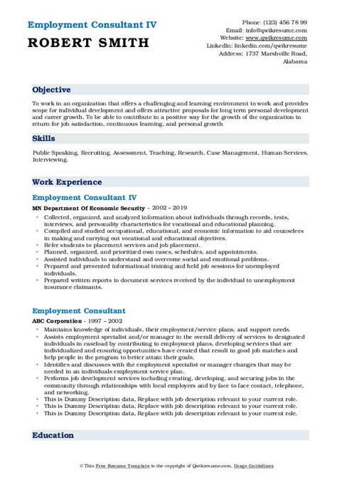 employment consultant resume samples qwikresume