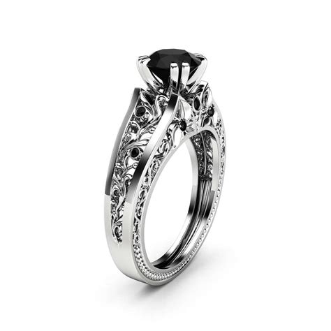 1 Carat Black Diamond Unique Engagement Ring 14k White Gold Filigree