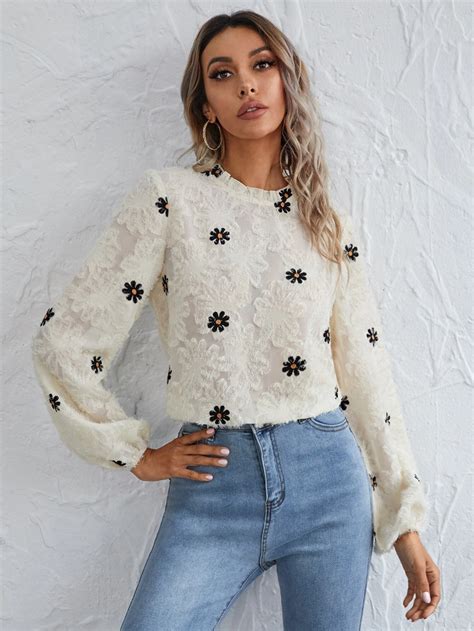 Floral Embroidery Frill Neck Fuzzy Blouse Shein Usa Women Tie Floral