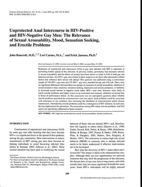 Pdf Unprotected Anal Intercourse In Hiv Positive And Hiv Negative Gay Men The Relevance Of