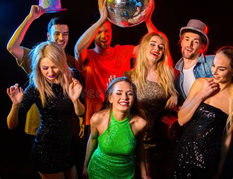 Dance Party With Group People Dancing And Disco Ball Stock Image