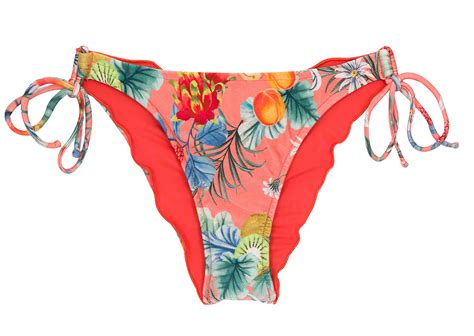 Coral Pink Print Double Tie Scrunch Bikini Bottom Bottom Frutti