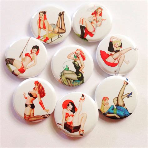 Set Of 8 Pin Up Girl Pin Back Buttons Rockabilly Retro