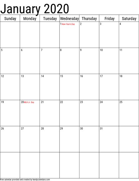 January 2020 Vertical Calendar With Holidays Handy Calendars