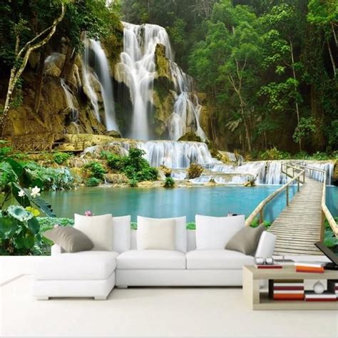 3d Forest Waterfall Photo Wallpaper Lake And Bridge Wall Mural In 2021