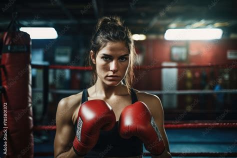 portrait of female boxer wearing red boxing gloves during boxing ring at the gym female boxer