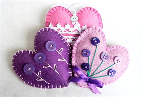 Heart Ornament Felt Set Of 3 Button Flowers And Lace Etsy