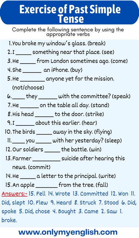 Exercise Of Simple Past Tense With Answers Onlymyenglish