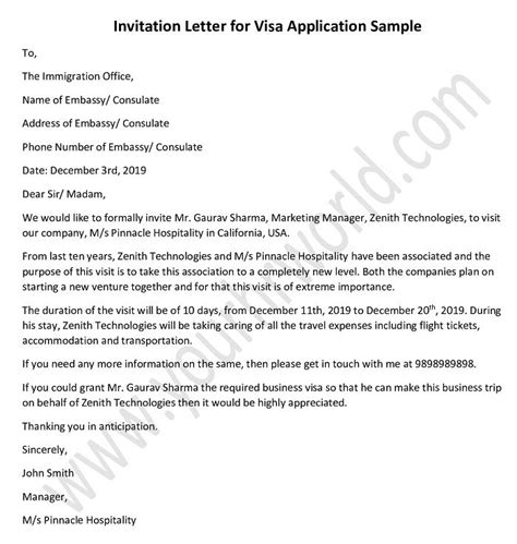 , explaining purpose of travel and dates of the trip. Invitation Letter for Visa Application - Sample Template
