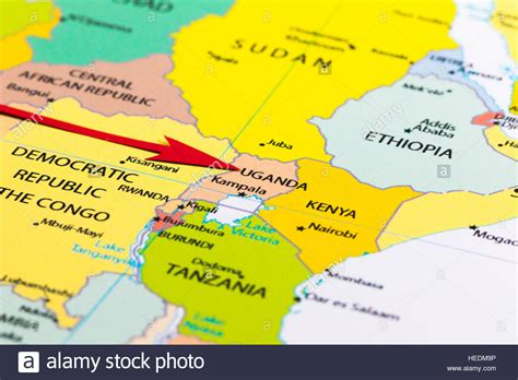 Uganda map shows that it shares its international boundaries with kenya in the east, sudan in the north, democratic republic of congo in the west, and rwanda and tanzania in the south. Red arrow pointing Uganda on the map of Africa continent Stock Photo: 129379090 - Alamy