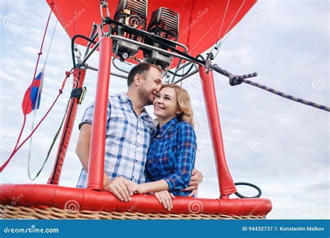 Adventure Beautiful Romantic Couple Hugging In Bascket Hot Air Balloon