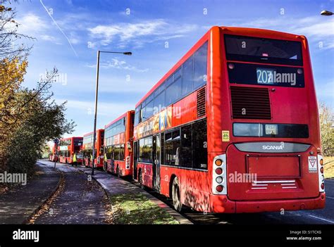Red London Buses Parked Up Stock Photo Alamy