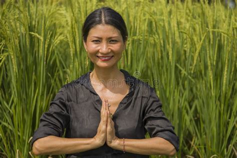 Outdoors Yoga And Meditation At Rice Field Attractive And Happy Middle Aged Asian Japanese