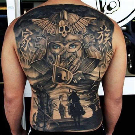 Large Black And White Whole Back Tattoo Of Samurai Warriors