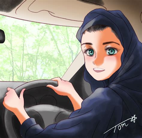 Safebooru 1girl Aqua Eyes Black Hair Blush Car Interior Chutohampa Driving Hijab Long Sleeves