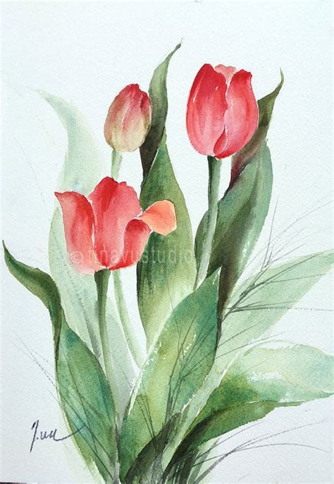 Spring Flower Painting Red Tulip Art Watercolor Tulips Aril Birthday