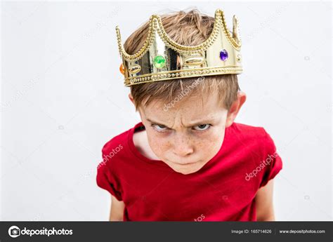 Rebellious Spoiled Kid With Crown For Mad Attitude High Angle — Stock