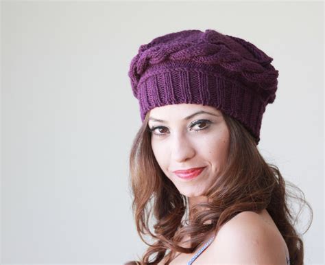 Winter Purple Knit Hat Women Hand Knitted Beret Purple Etsy