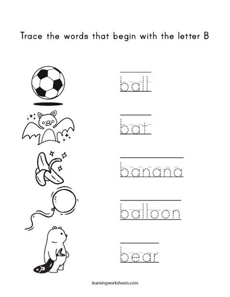 Trace Words That Begin With The Letter B Learning Worksheets