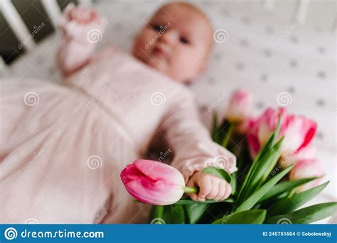 Close Up Of Newborn Baby Girl Hand Holding A Bouquet Of Flowers Pink