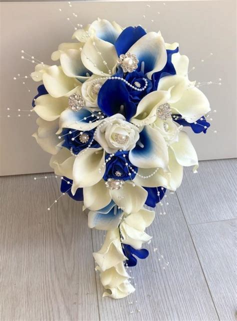 Bride Blue And Ivory Calla Lily Teardrop Bouquet Artificial Wedding