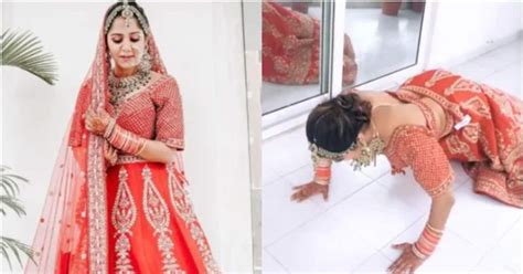 ബ്രൈഡല്‍ ലെഹങ്കയില്‍ പുഷ്അപ് ചെയ്യുന്ന യുവതി വൈറലായി വീഡിയോ Woman In Bridal Lehenga Does Push