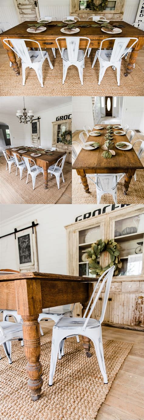 Rustic,farmhouse dining table, 4 chunky chairs and a bench. New Farmhouse Dining Chairs - Liz Marie Blog